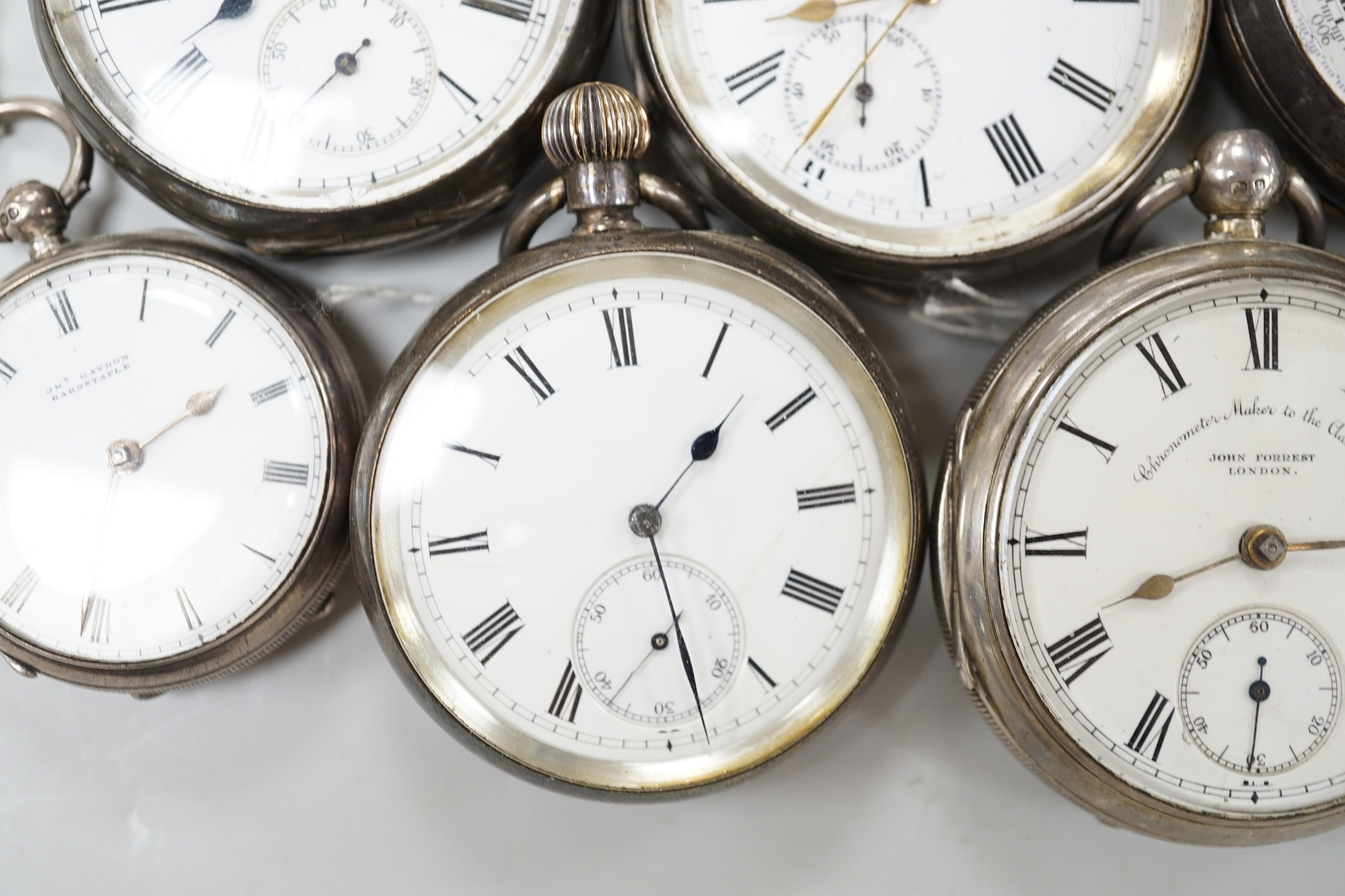 Ten assorted silver or white metal pocket watches including Sir John Bennett and Acme Lever.